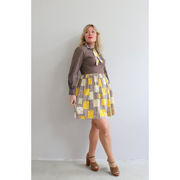 1970's Vintage Cocoa & Plaid Mini Dress Women's Double Extra Small XXS to XS 0 2 - Picture 7 of 10